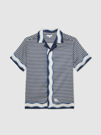 Geometric-Print Cuban-Collar Shirt in White/Navy Men | Reiss