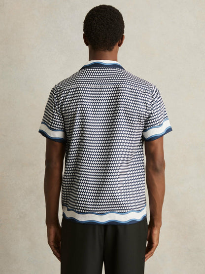 Geometric-Print Cuban-Collar Shirt in White/Navy Men | Reiss