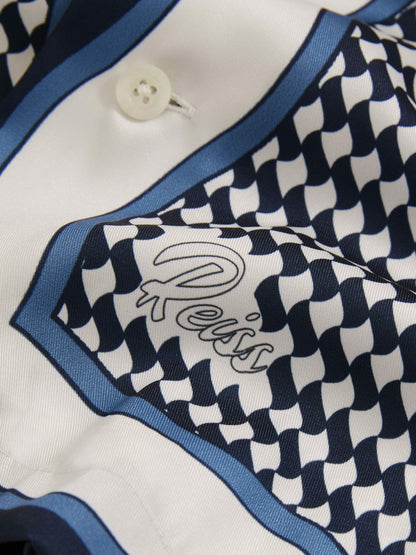 Geometric-Print Cuban-Collar Shirt in White/Navy Men | Reiss