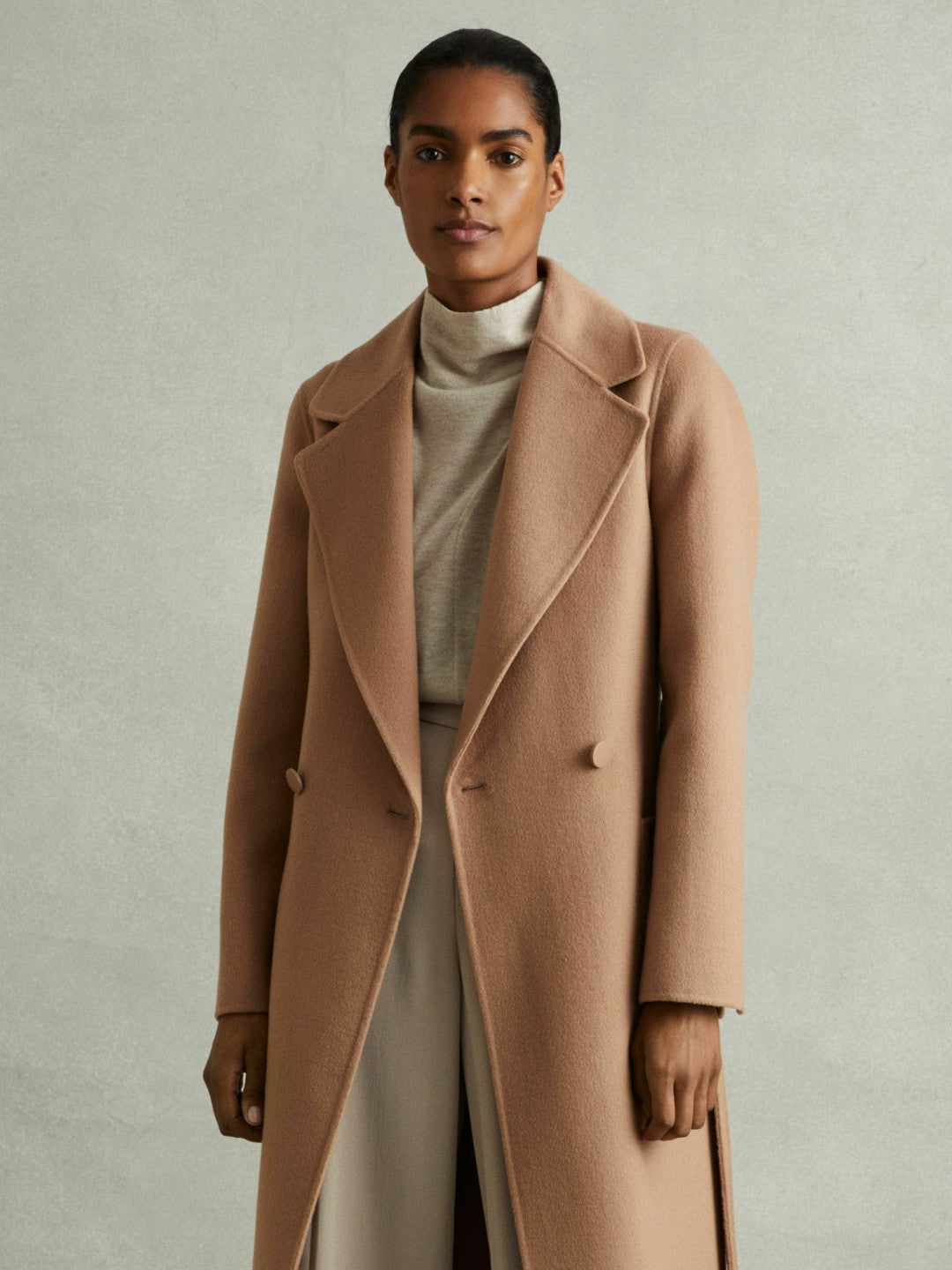 Petite Wool Blend Double Breasted Blindseam Coat in Light Camel Women | Reiss
