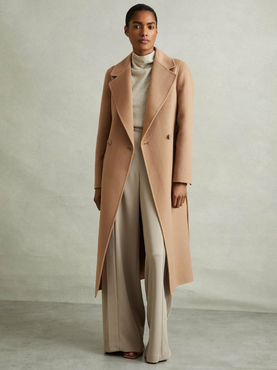 Petite Wool Blend Double Breasted Blindseam Coat in Light Camel Women | Reiss