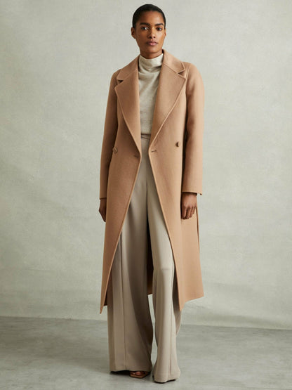 Petite Wool Blend Double Breasted Blindseam Coat in Light Camel Women | Reiss