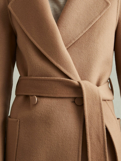 Petite Wool Blend Double Breasted Blindseam Coat in Light Camel Women | Reiss