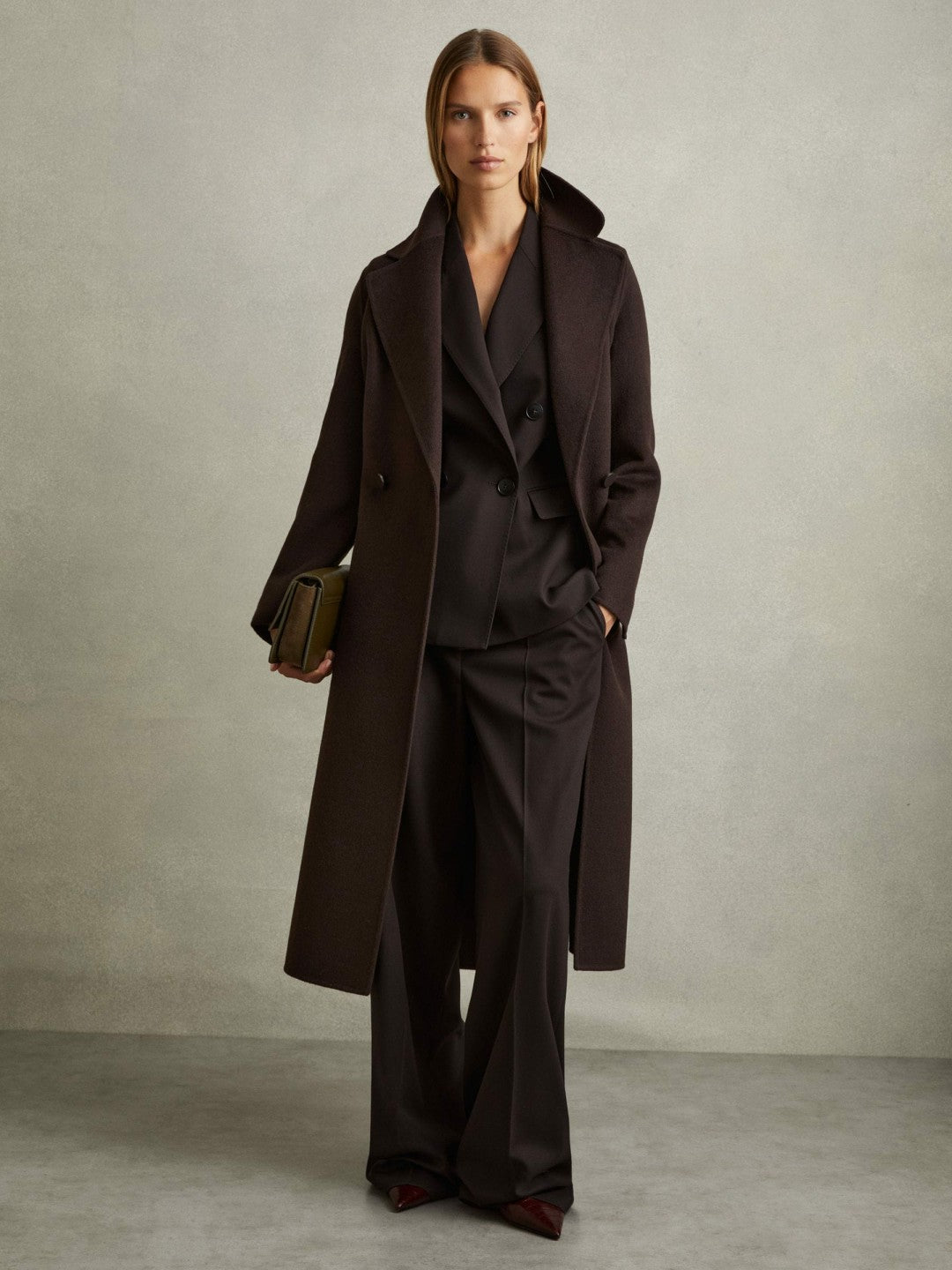 Wool Blend Double Breasted Blindseam Coat in Chocolate Women | Reiss