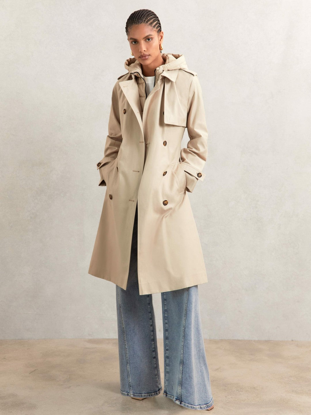 Hooded Insert Trench Coat in Stone Women | Reiss