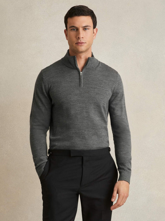Merino Wool Half-Zip Jumper in Derby Grey Marl Men | Reiss