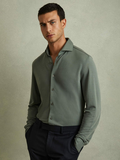 Modal Blend Cutaway Collar Shirt in Green Smoke Men | Reiss