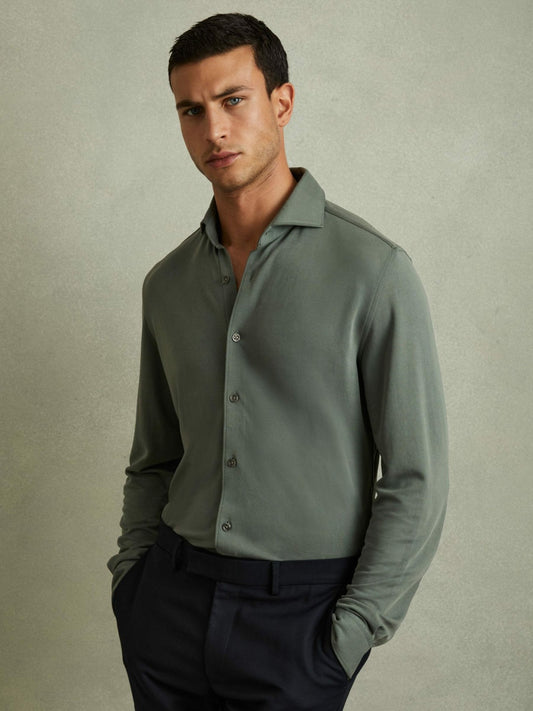 Modal Blend Cutaway Collar Shirt in Green Smoke Men | Reiss