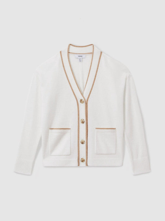 13-14 yrs Wool-Blend Stripe-Detail Cardigan With Cashmere in Cream Children & Baby | Reiss