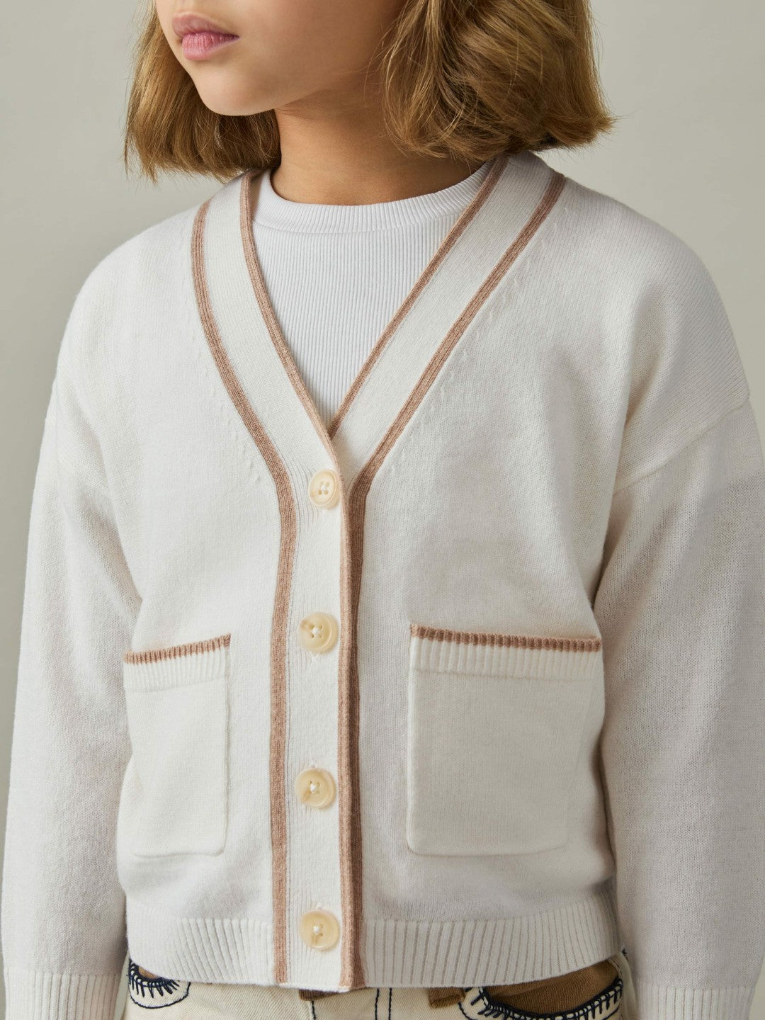 13-14 yrs Wool-Blend Stripe-Detail Cardigan With Cashmere in Cream Children & Baby | Reiss