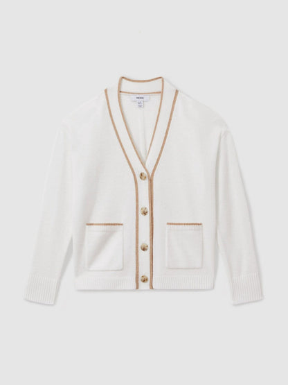 9-13 yrs Wool-Blend Stripe-Detail Cardigan With Cashmere in Cream Children & Baby | Reiss