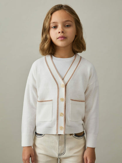 9-13 yrs Wool-Blend Stripe-Detail Cardigan With Cashmere in Cream Children & Baby | Reiss