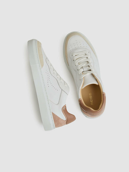 Leather Contrast Detail Trainers in White/Nude Women | Reiss