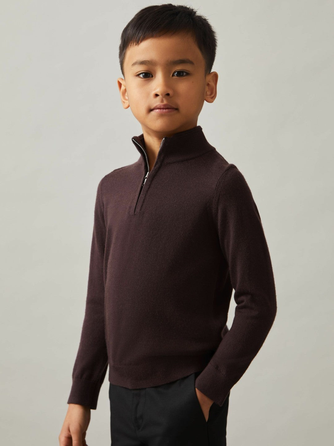 3-9 yrs Merino Wool Half-Zip Funnel Neck Jumper in Dark Bordeaux Children & Baby | Reiss