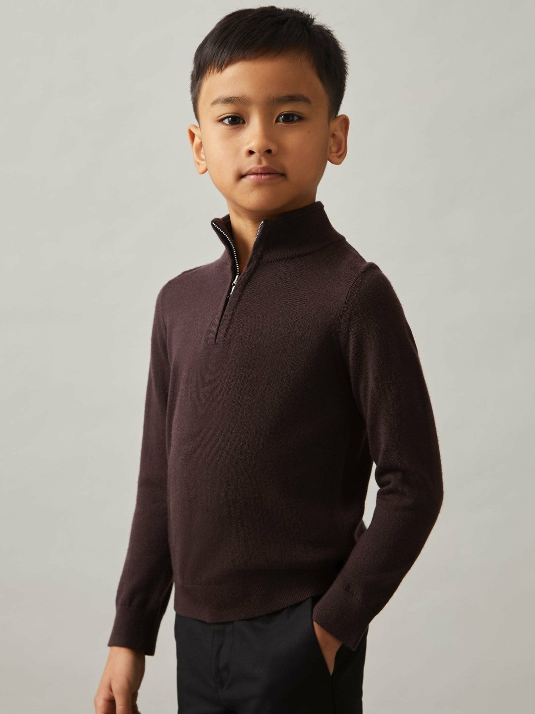 9-13 yrs Merino Wool Half-Zip Funnel Neck Jumper in Dark Bordeaux Children & Baby | Reiss