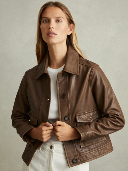 Leather Trucker Jacket in Chocolate Women | Reiss