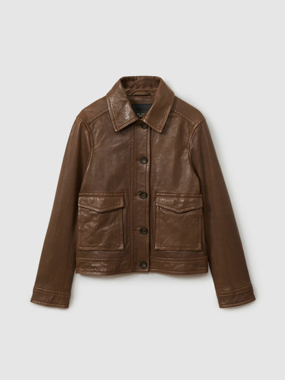Leather Trucker Jacket in Chocolate Women | Reiss