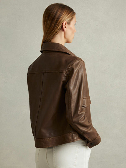 Leather Trucker Jacket in Chocolate Women | Reiss