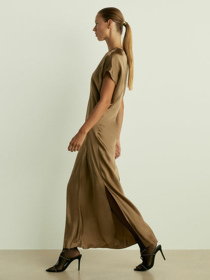 Satin Short-Sleeve Midi Dress in Khaki Women | Reiss