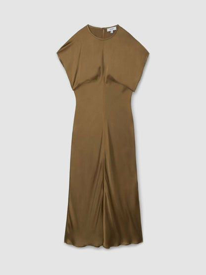 Satin Short-Sleeve Midi Dress in Khaki Women | Reiss