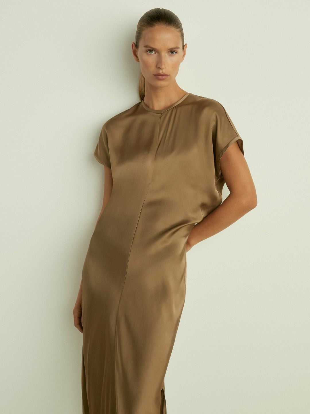 Satin Short-Sleeve Midi Dress in Khaki Women | Reiss