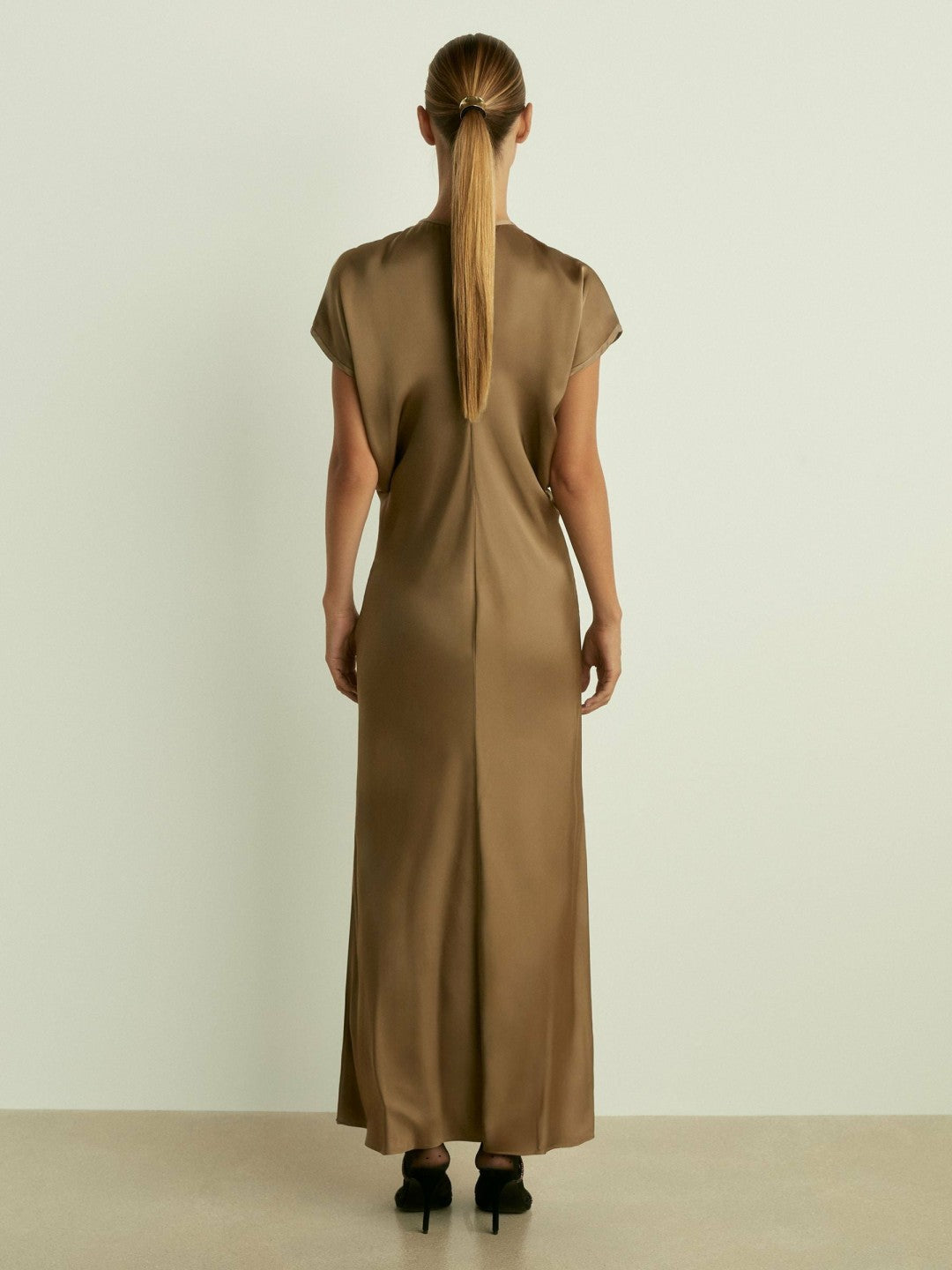 Satin Short-Sleeve Midi Dress in Khaki Women | Reiss