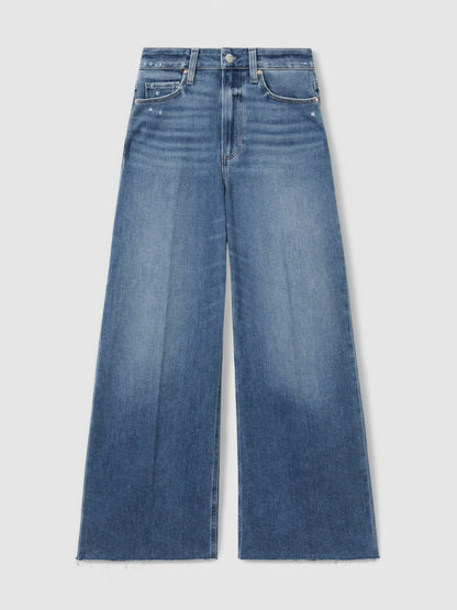 Paige Wide Leg Raw Hem Cropped Jeans in Rock Show Blue Women | Reiss