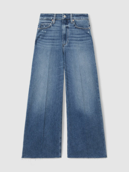 Paige Wide Leg Raw Hem Cropped Jeans in Rock Show Blue Women | Reiss