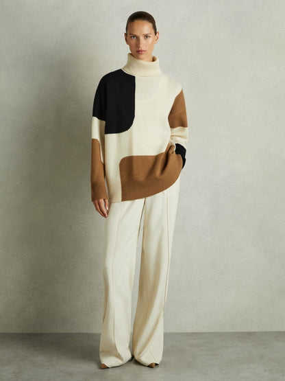 Wool-Cashmere Colourblock-Intarsia Jumper in Cream/Brown Women | Reiss