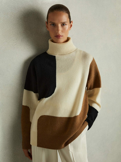 Wool-Cashmere Colourblock-Intarsia Jumper in Cream/Brown Women | Reiss