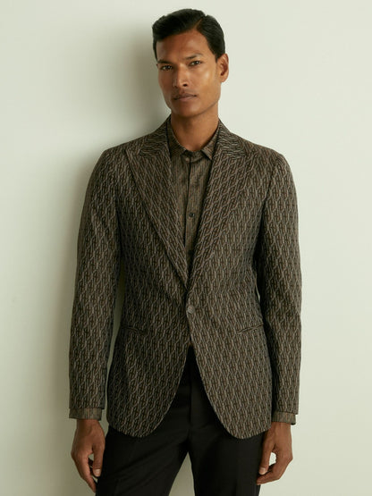 Monogram-Jacquard Twill Blazer in Chocolate Brown Men | Reiss