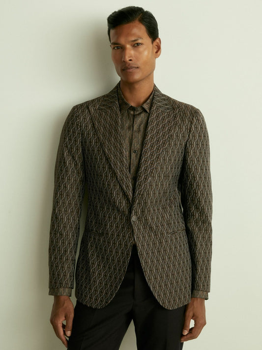 Monogram-Jacquard Twill Blazer in Chocolate Brown Men | Reiss