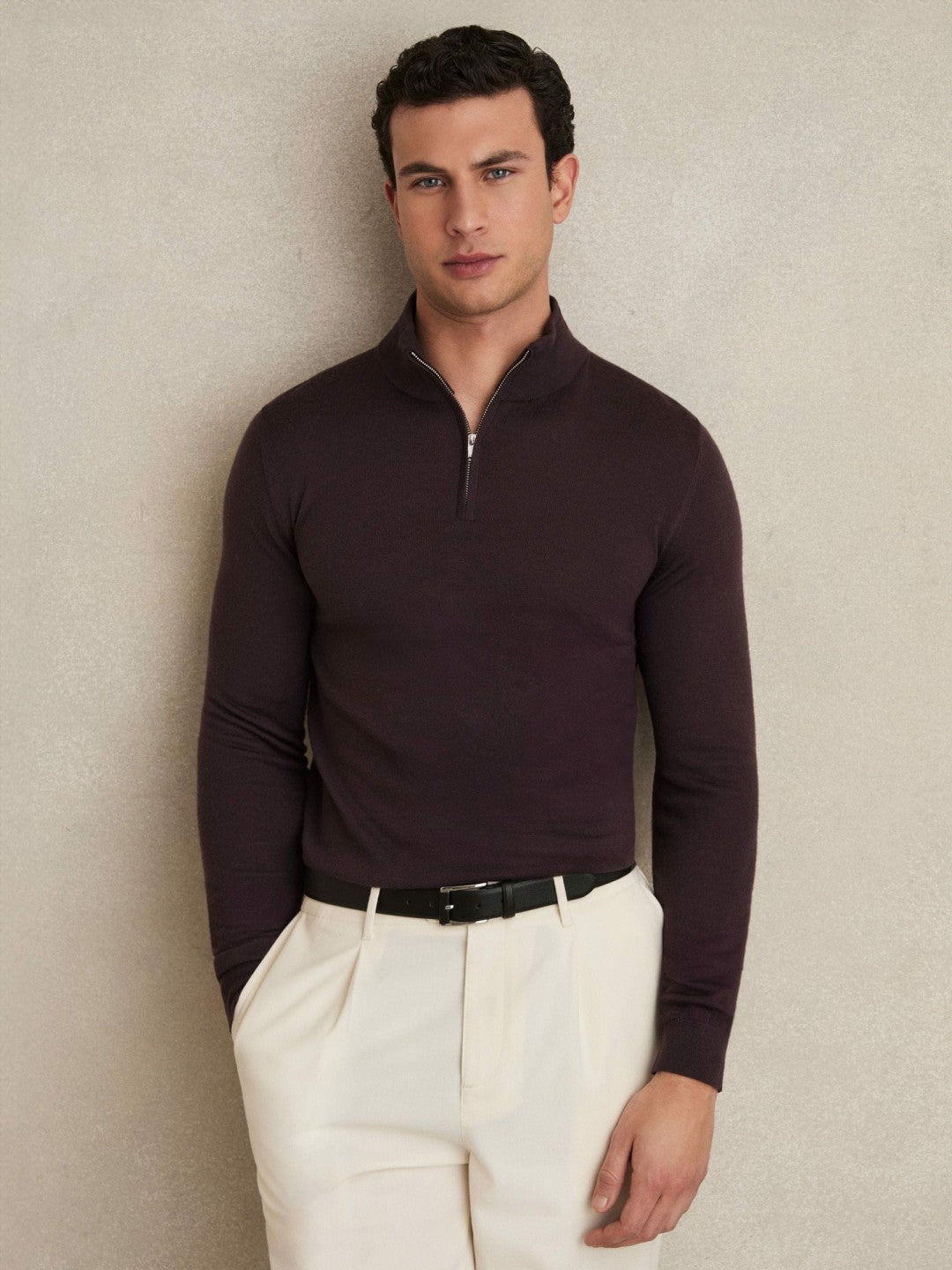 Merino Wool Half-Zip Jumper in Dark Bordeaux Men | Reiss