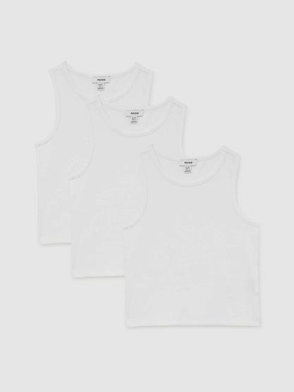9-13 yrs Cotton Stretch Ribbed Vest 3 Pack in White Children & Baby | Reiss