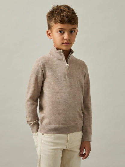 3-9 yrs Merino Wool Half-Zip Funnel Neck Jumper in Wheat Melange Children & Baby | Reiss