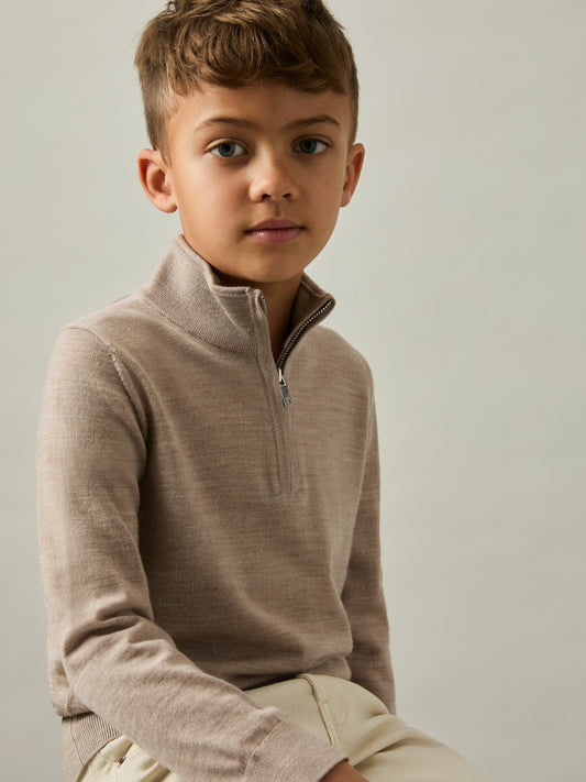 9-13 yrs Merino Wool Half-Zip Funnel Neck Jumper in Wheat Melange Children & Baby | Reiss