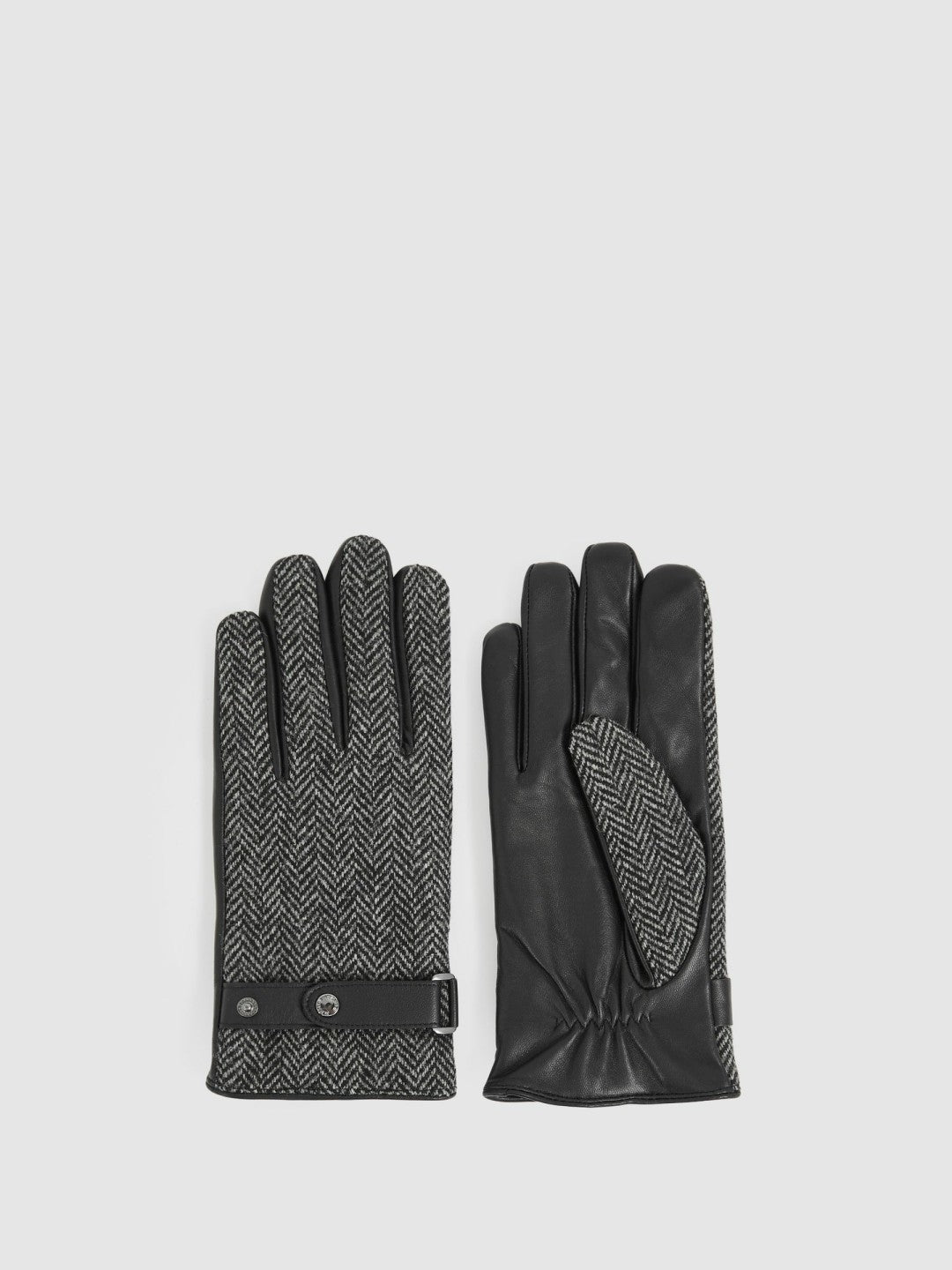 Leather And Wool-Blend Herringbone Gloves in Black Men | Reiss