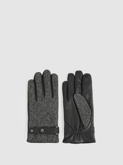 Leather And Wool-Blend Herringbone Gloves in Black Men | Reiss