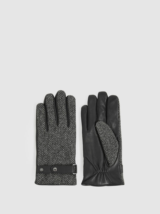 Leather And Wool-Blend Herringbone Gloves in Black Men | Reiss