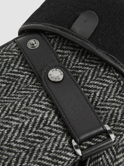 Leather And Wool-Blend Herringbone Gloves in Black Men | Reiss