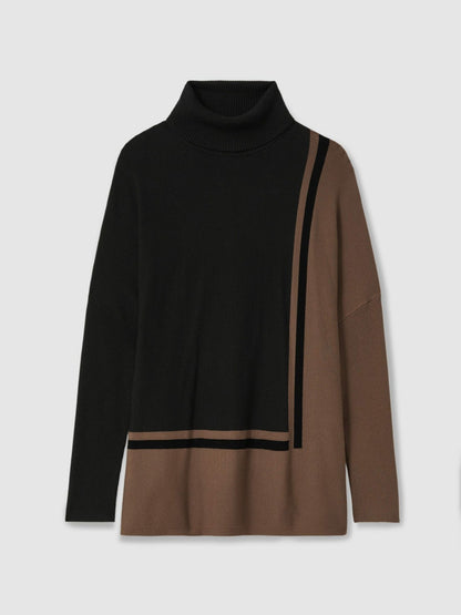 Colourblock Roll Neck Split Hem Jumper in Black/Mink Women | Reiss