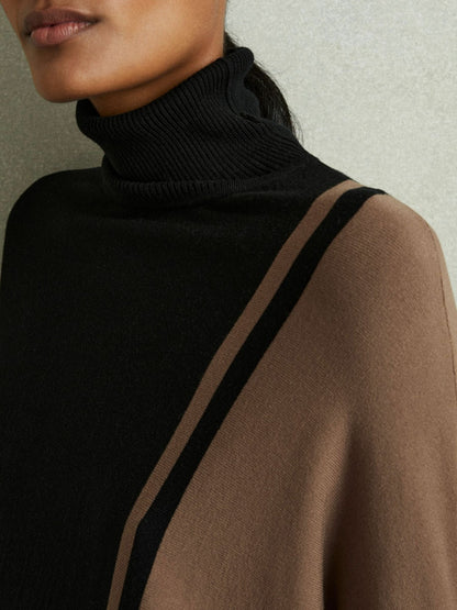 Colourblock Roll Neck Split Hem Jumper in Black/Mink Women | Reiss