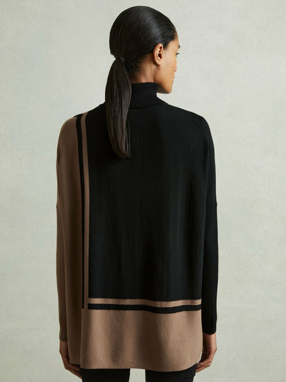 Colourblock Roll Neck Split Hem Jumper in Black/Mink Women | Reiss