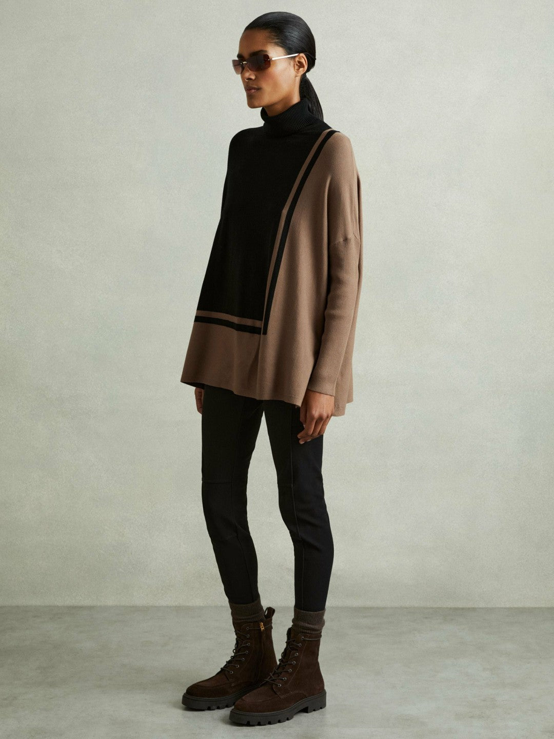 Colourblock Roll Neck Split Hem Jumper in Black/Mink Women | Reiss