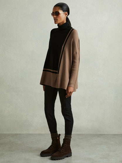 Colourblock Roll Neck Split Hem Jumper in Black/Mink Women | Reiss