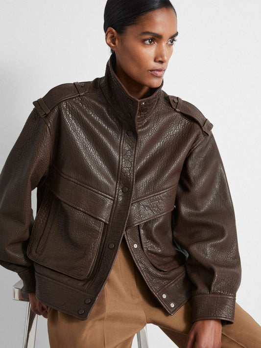Atelier Grained Leather Jacket in Chocolate Women | Reiss