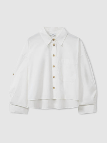 Oversize Cotton Cropped Shirt in White Women | Reiss