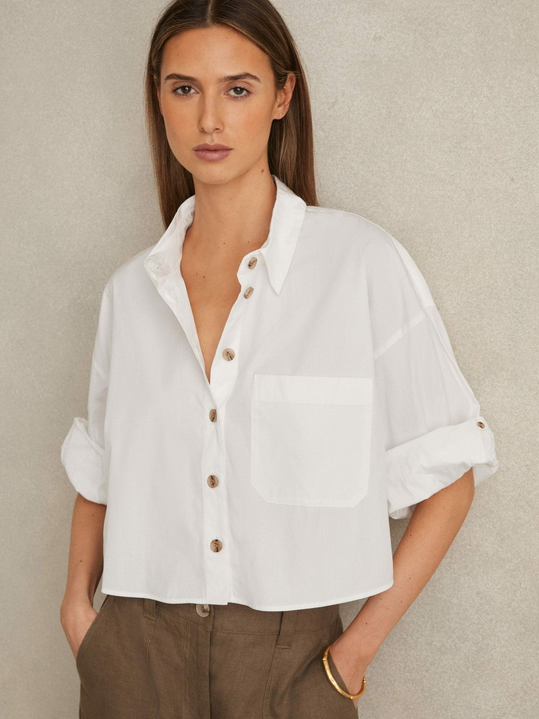 Oversize Cotton Cropped Shirt in White Women | Reiss