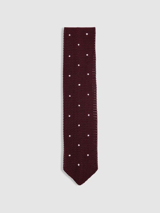 Silk Knitted Pin-Dot Tie in Burgundy Men | Reiss