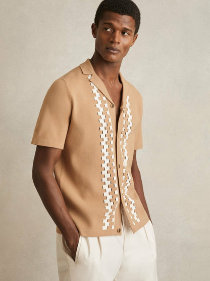 Geometric Cuban-Collar Knit Shirt in Camel/Off White Men | Reiss